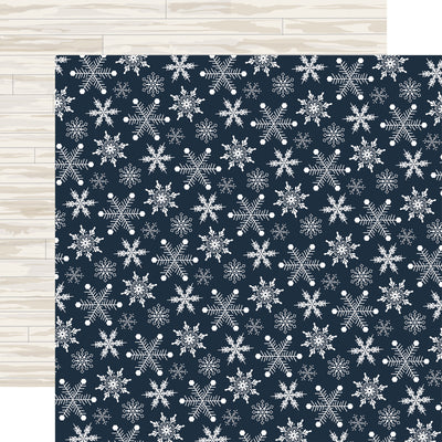 (Side A - a dense array of white snowflakes of various intricate designs and sizes, all set against a dark blue background, Side B -&nbsp;a subtle background pattern resembling horizontally laid light-colored wooden planks, likely white or very pale beige)