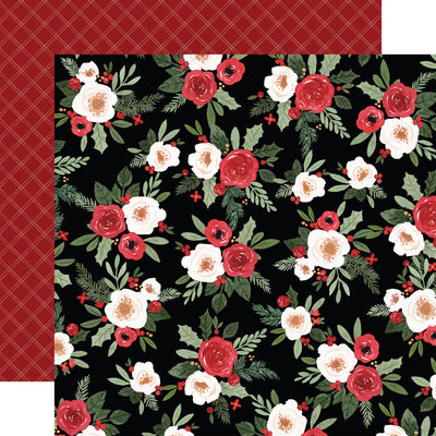 A Christmas floral pattern over a black background. The reverse is a dark red background with a red plaid pattern. 80 lb cover. Felt texture.