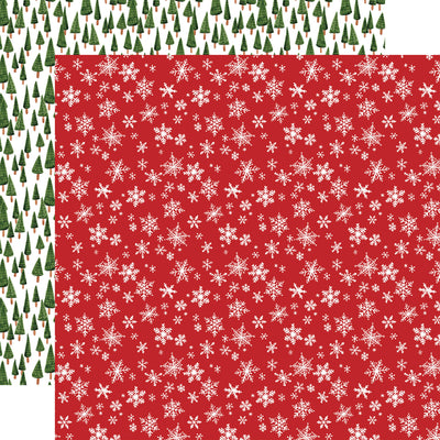 This is double-sided 12x12 cardstock with tiny white snowflakes on a red background; the reverse has green trees all over on a white background.