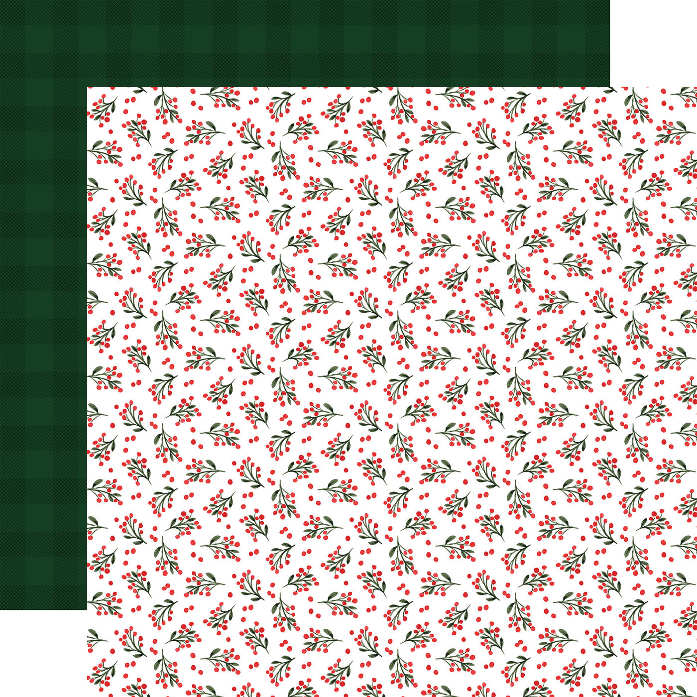 Holly berries pattern over a white background. The reverse is a dark green buffalo plaid. 80 lb cover. Felt texture.