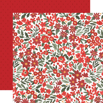 A Christmas floral pattern over a white background. The reverse is a red background with a dark star pattern. 80 lb cover. Felt texture.