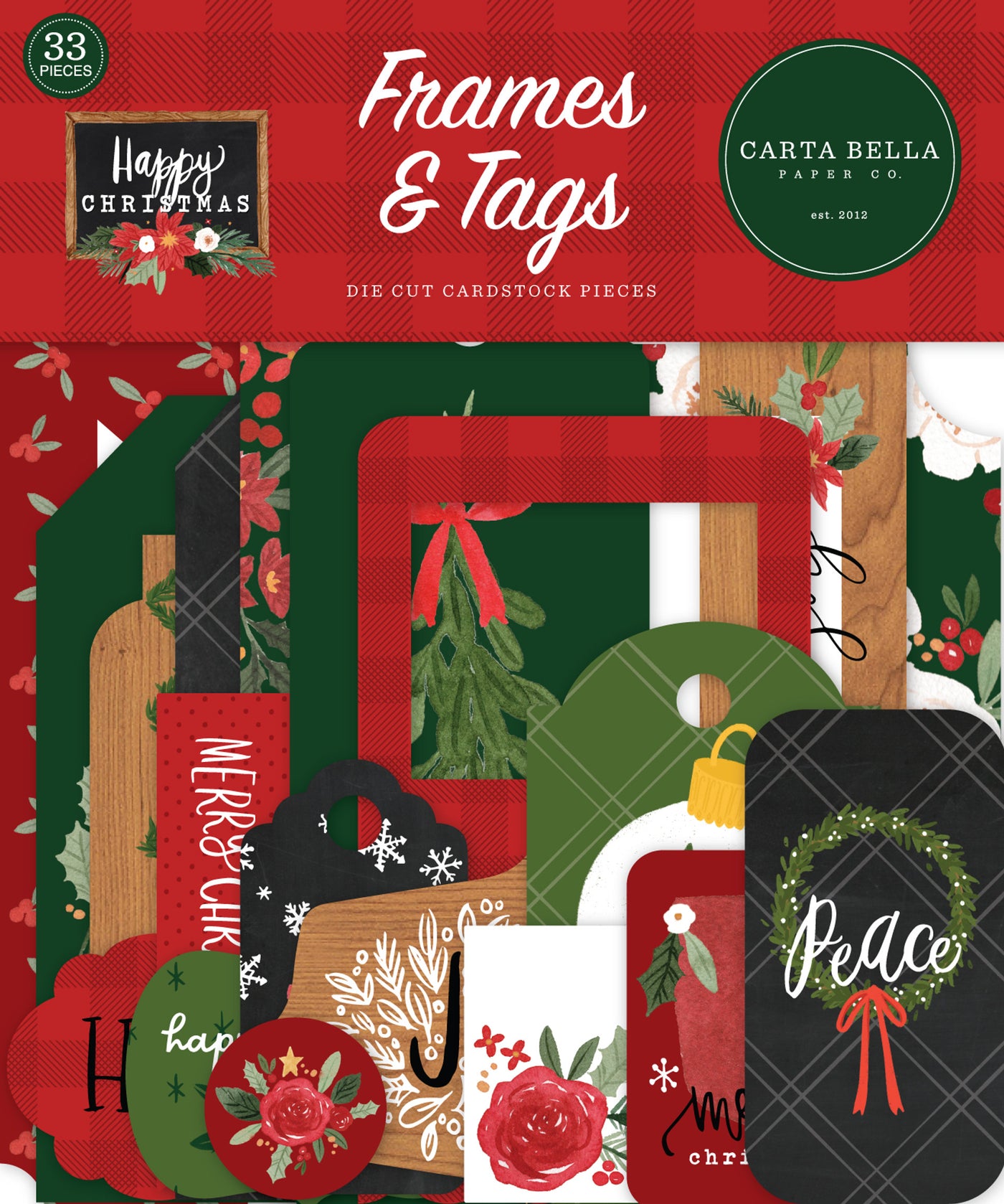 Happy Christmas Frames & Tags Die Cut Cardstock Pack includes 33 die-cut shapes ready to embellish any project.