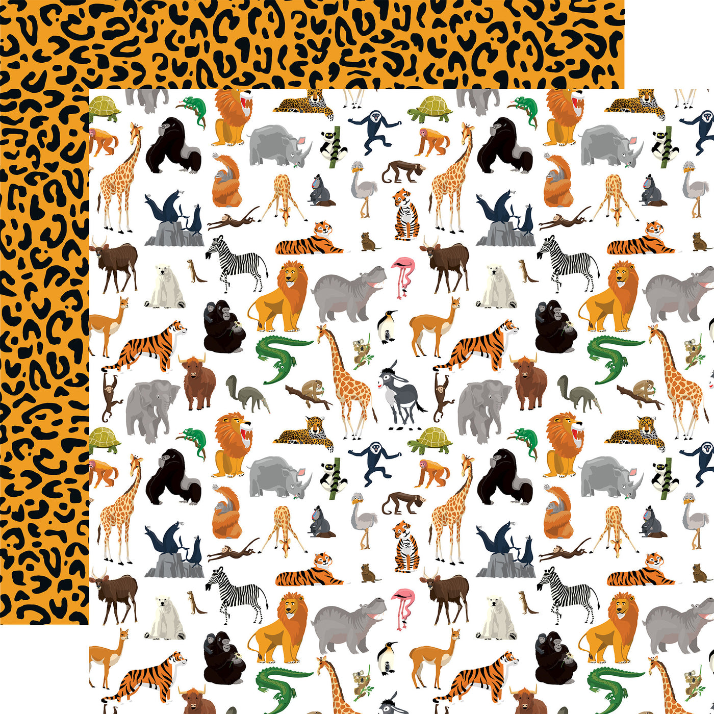(multi-colored with jungle animals on a white background with orange leopard print reverse)