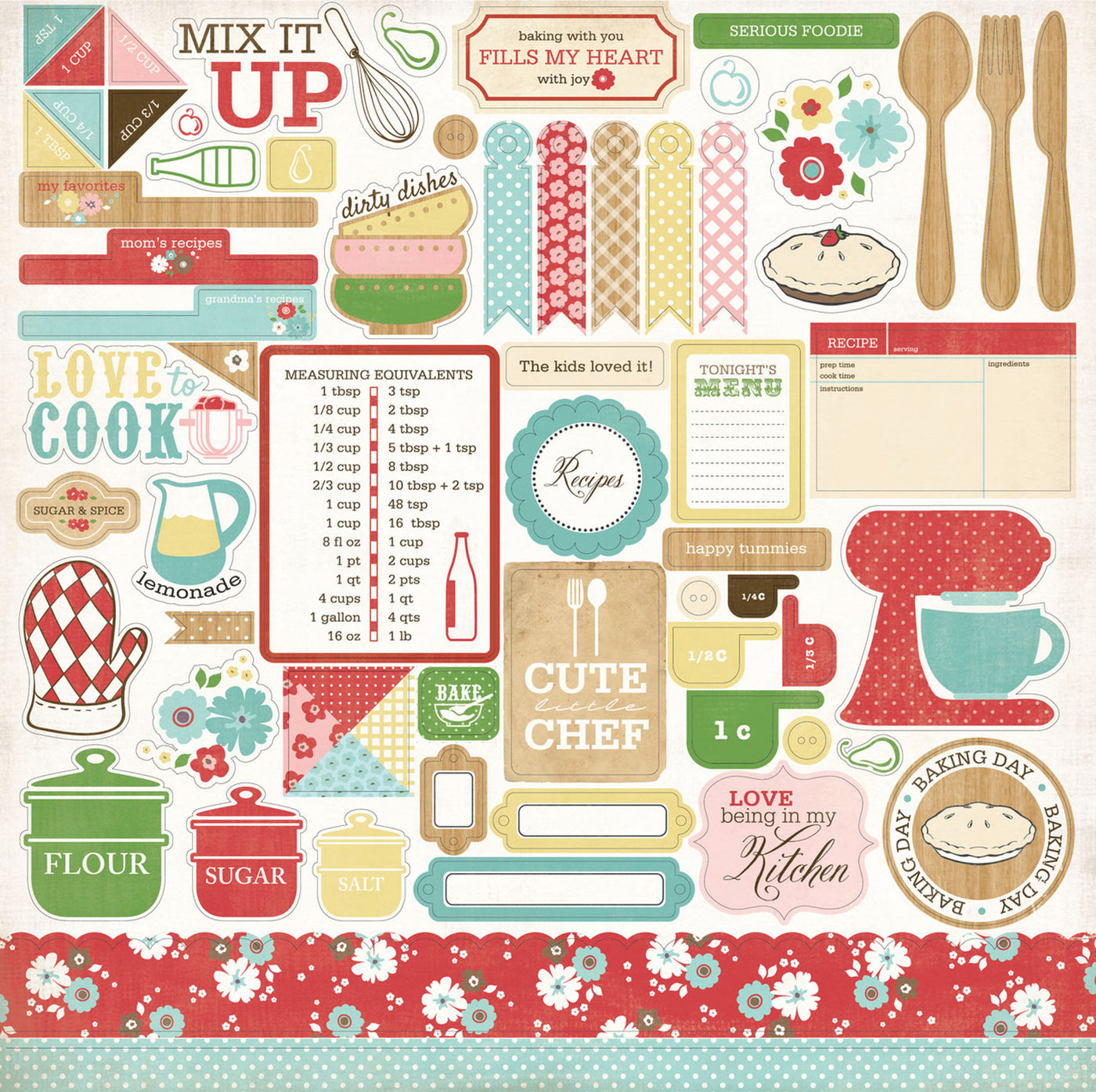 Homemade With Love Elements 12" x 12" Cardstock Stickers from the Homemade With Love Collection. The package includes one sheet of cardstock stickers with phrases and images of utensils, borders, mixing bowls, measuring cups, tags, and more.