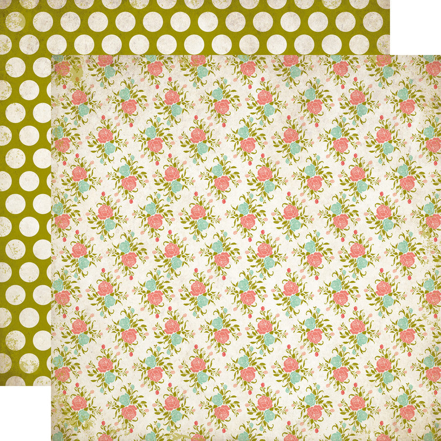 From Carta Bella, (Side A - a small pink and turquoise floral on an off-white background; Side B - off-white polka dots on an olive green background)