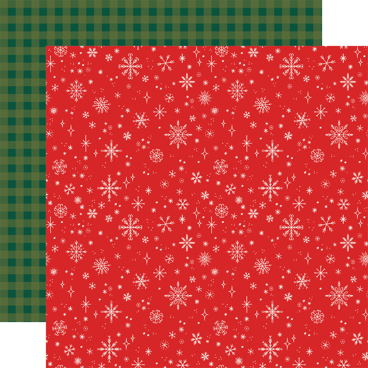 (Side A - festive snowflakes and stars are in white, creating a stark contrast against the red background.; Side B - a classic gingham check pattern in green)*