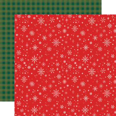 (Side A - festive snowflakes and stars are in white, creating a stark contrast against the red background.; Side B - a classic gingham check pattern in green)*