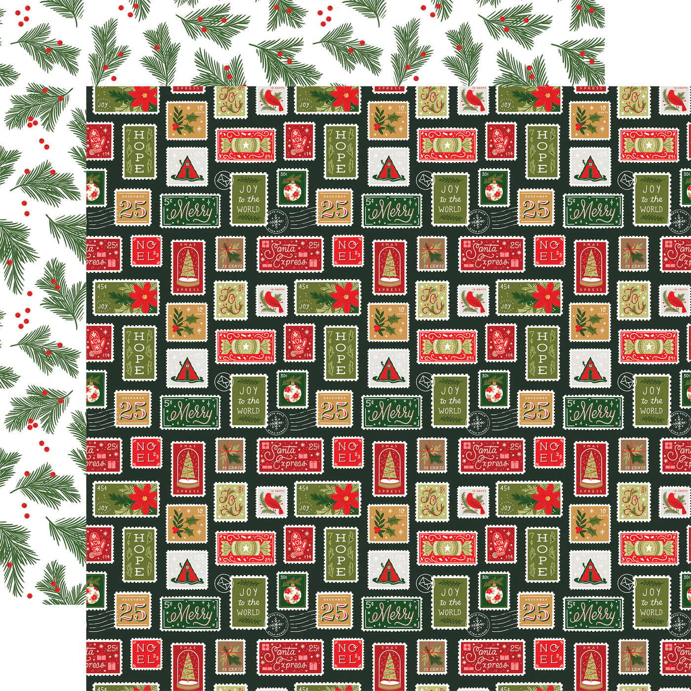 Christmas-themed pattern with stamps and festive designs on a green background, holly sprigs reverse