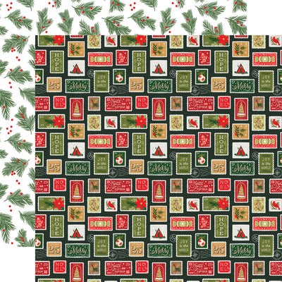 Christmas-themed pattern with stamps and festive designs on a green background, holly sprigs reverse
