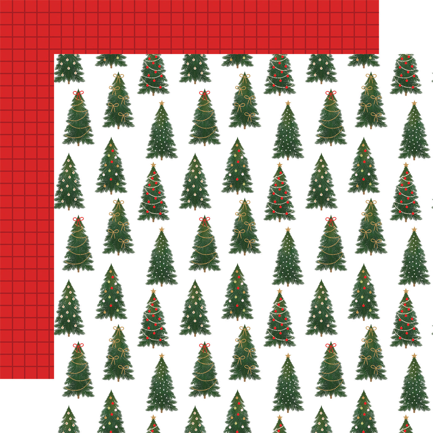 Pattern of Christmas trees on a white background with a red plaid background reverse.
