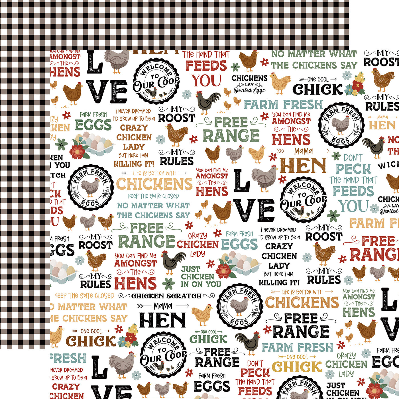 Patterned paper with farm-themed text and chicken illustrations with a checkered background, reverse.