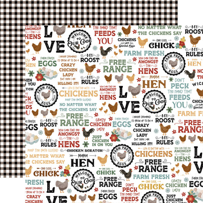 Patterned paper with farm-themed text and chicken illustrations with a checkered background, reverse.