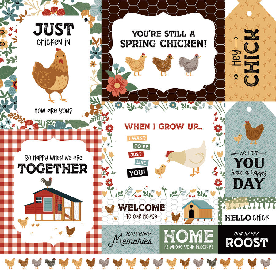 CHICKENS MULTI JOURNALING CARDS - 12x12 Patterned Cardstock - Echo Park
