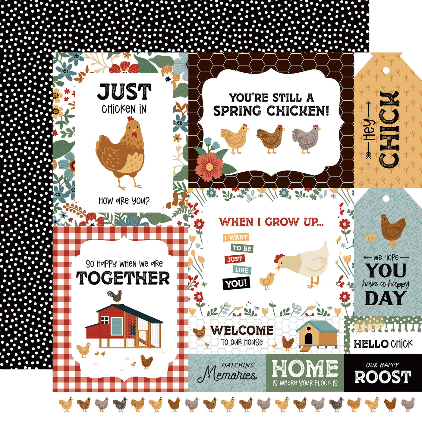 Collection of chicken-themed cards and tags with various sayings and illustrations with black and white polka dots reverse.