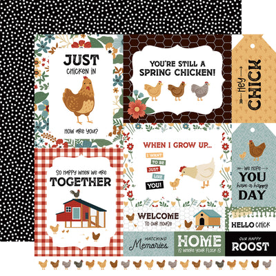 Collection of chicken-themed cards and tags with various sayings and illustrations with black and white polka dots reverse.
