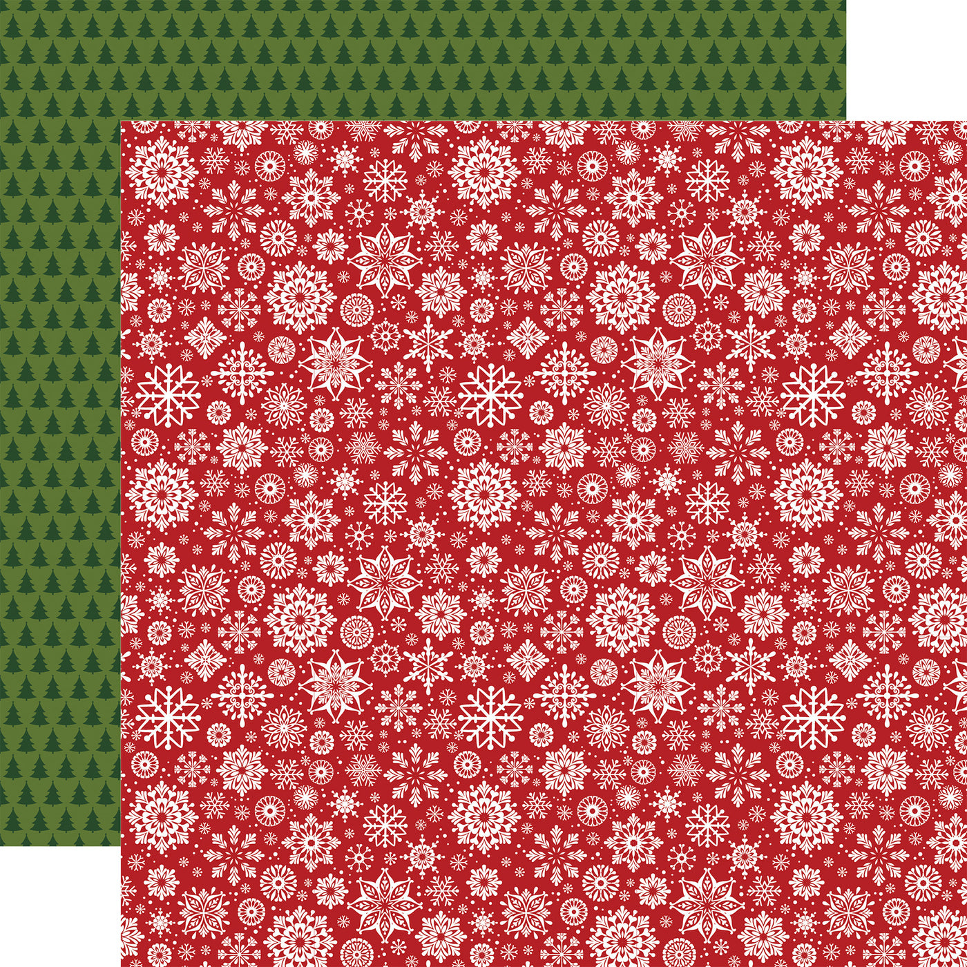 (Side A - white snowflakes on a red background, Side B - rows of little dark green Christmas trees on a green background)