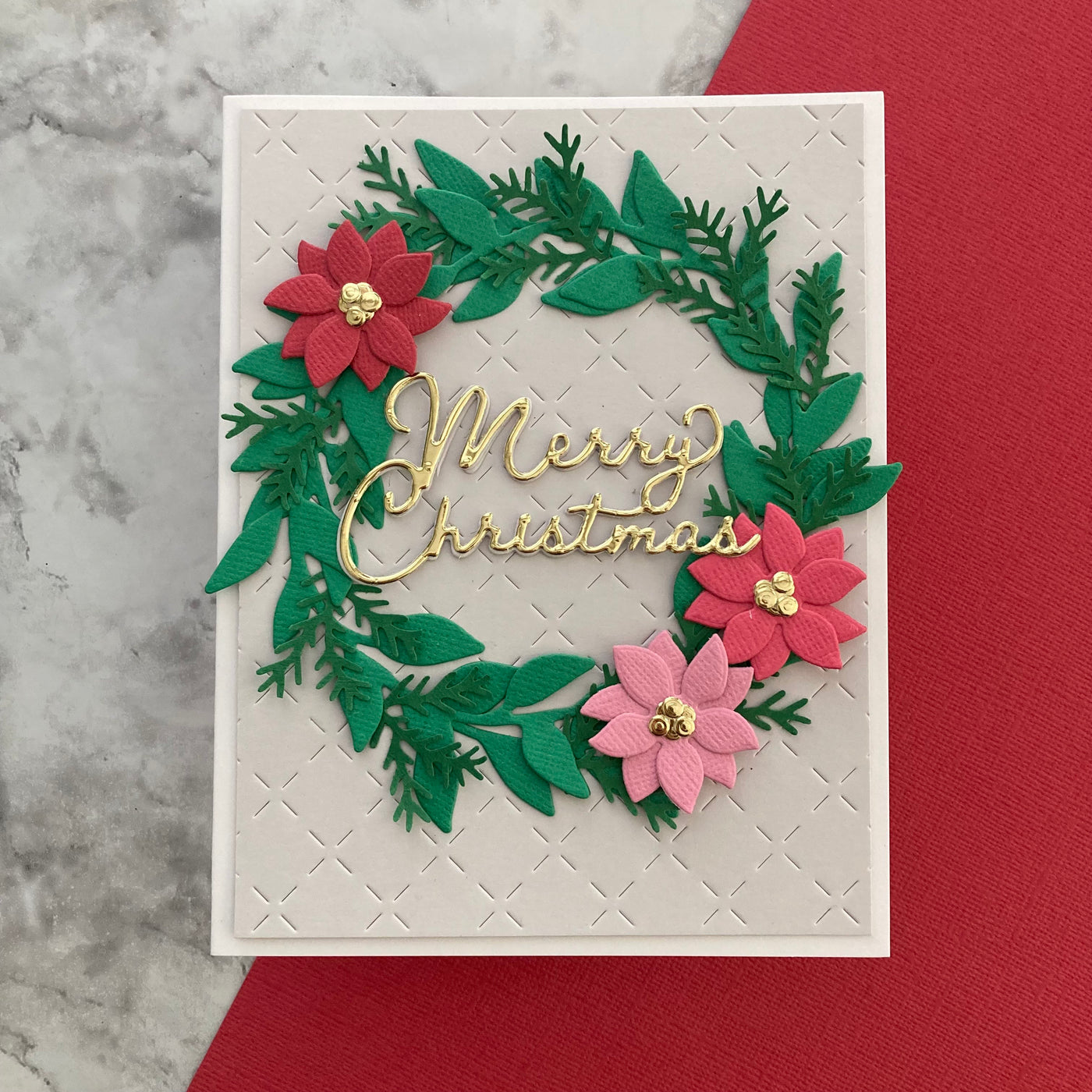 Handmade Christmas card featuring Encore cardstock in Rosy Red