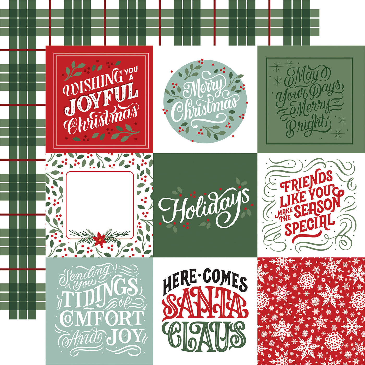 12x12 patterned paper (Side A - 4X4 journaling cards with Christmas images and phrases, Side B - green and red plaid on a white background) - Echo Park