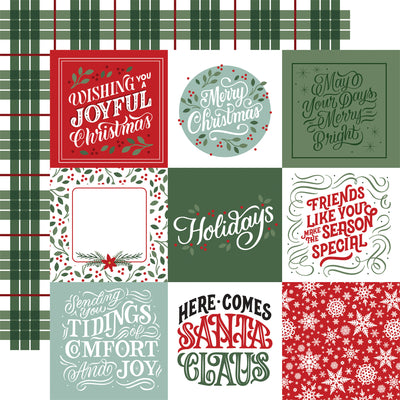12x12 patterned paper (Side A - 4X4 journaling cards with Christmas images and phrases, Side B - green and red plaid on a white background) - Echo Park