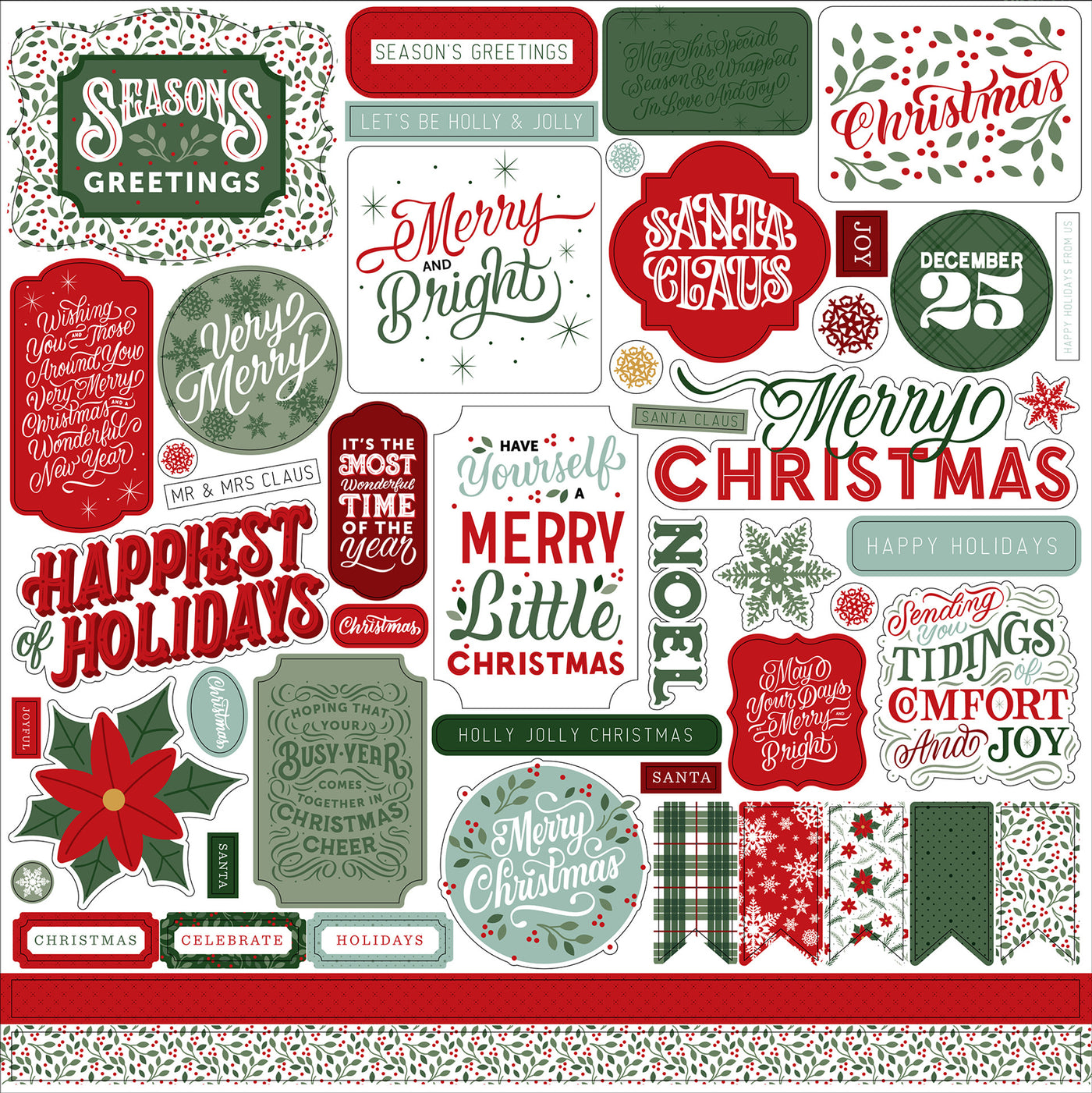 Christmas Salutations No.2 Elements 12" x 12" Cardstock Stickers from the Christmas Salutations No.2 Collection by Echo Park. These stickers include poinsettias, banners, candles, phrases, borders, and more!  