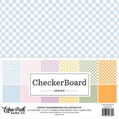 Twelve double-sided sheets with a checkerboard design in six spring colors for spring projects.  A great foundation for paper crafting. 12x12 inch textured cardstock.