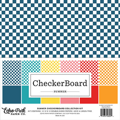 Twelve double-sided sheets with a checkerboard design in six bright colors for summer projects.  A great foundation for paper crafting. 12x12 inch textured cardstock.