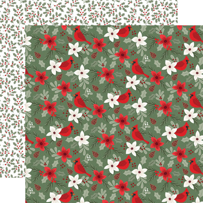 This Christmas-themed paper features red cardinals, white flowers, and green leaves on a green background. On the reverse side, there is a holly and berry pattern.
