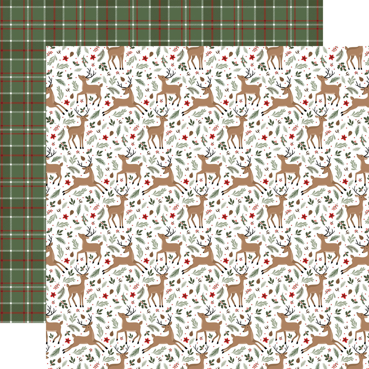 Christmas-themed paper with a reindeer and holly pattern on a white background, with a green plaid pattern on the reverse.