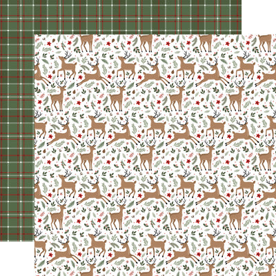 Christmas-themed paper with a reindeer and holly pattern on a white background, with a green plaid pattern on the reverse.