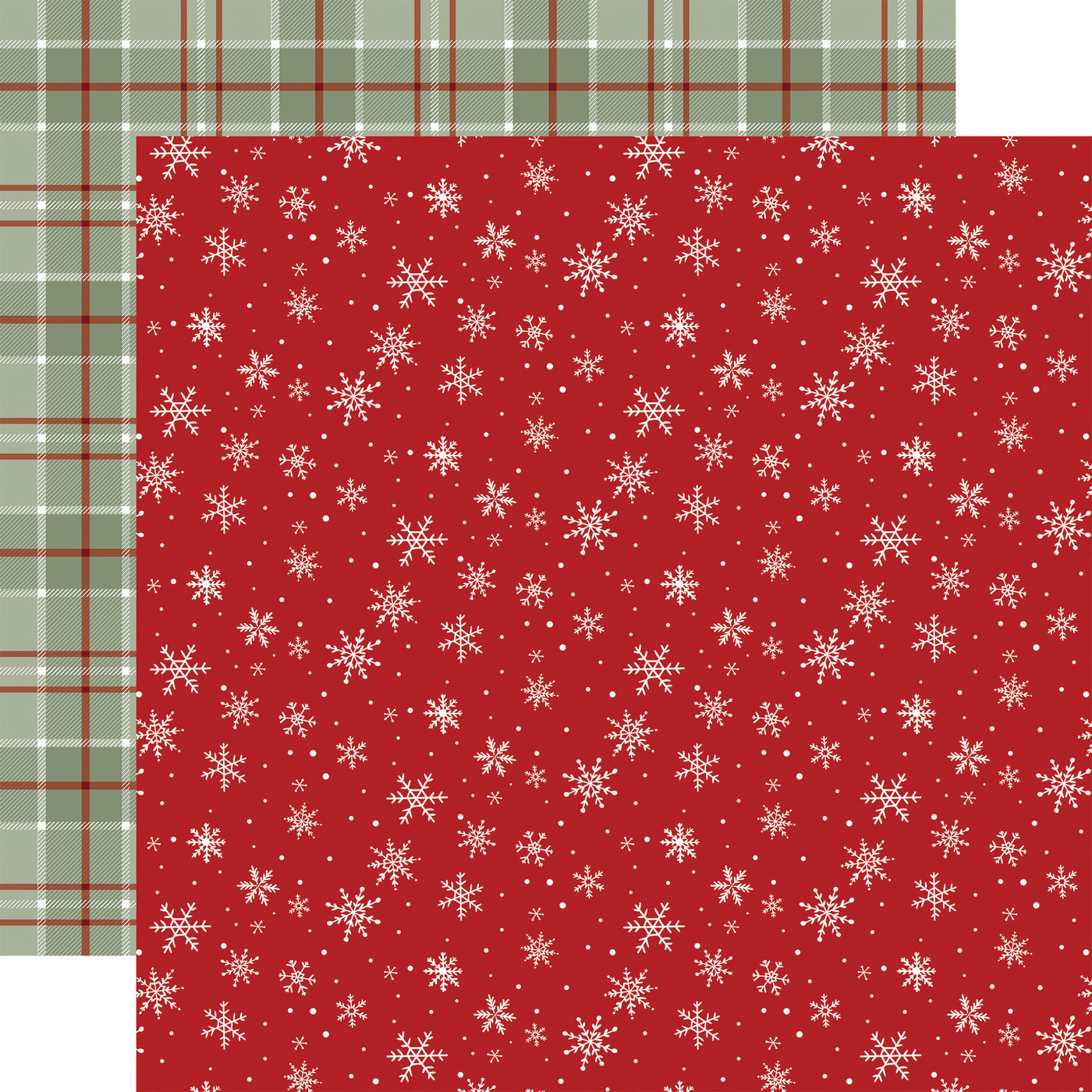 Two patterns side by side: a red background with white snowflakes and a plaid pattern.