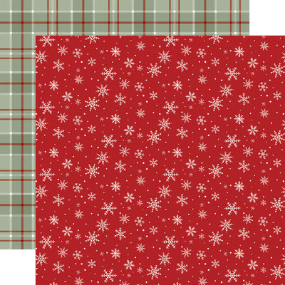 Two patterns side by side: a red background with white snowflakes and a plaid pattern.