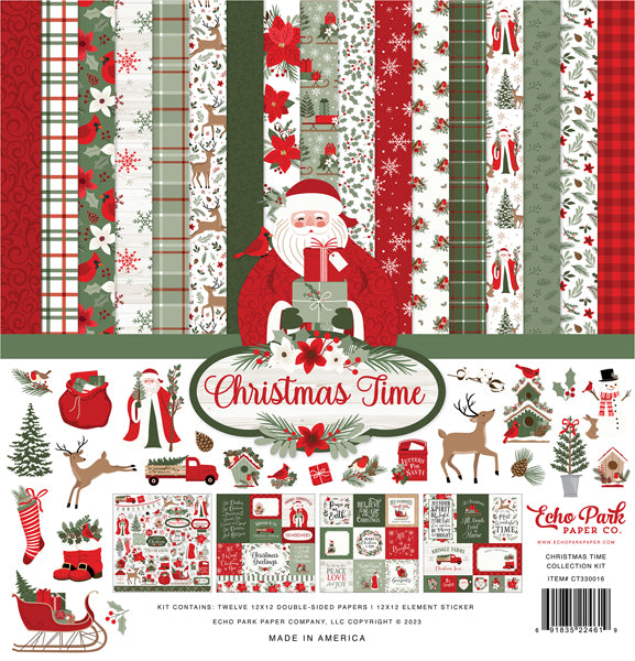 Christmas Time Collection Kit by Echo Park - The kit contains 12 double-sided papers that feature all the fun reasons we love Christmas. The kit includes a 12x12 sheet of themed Element stickers by Echo Park.