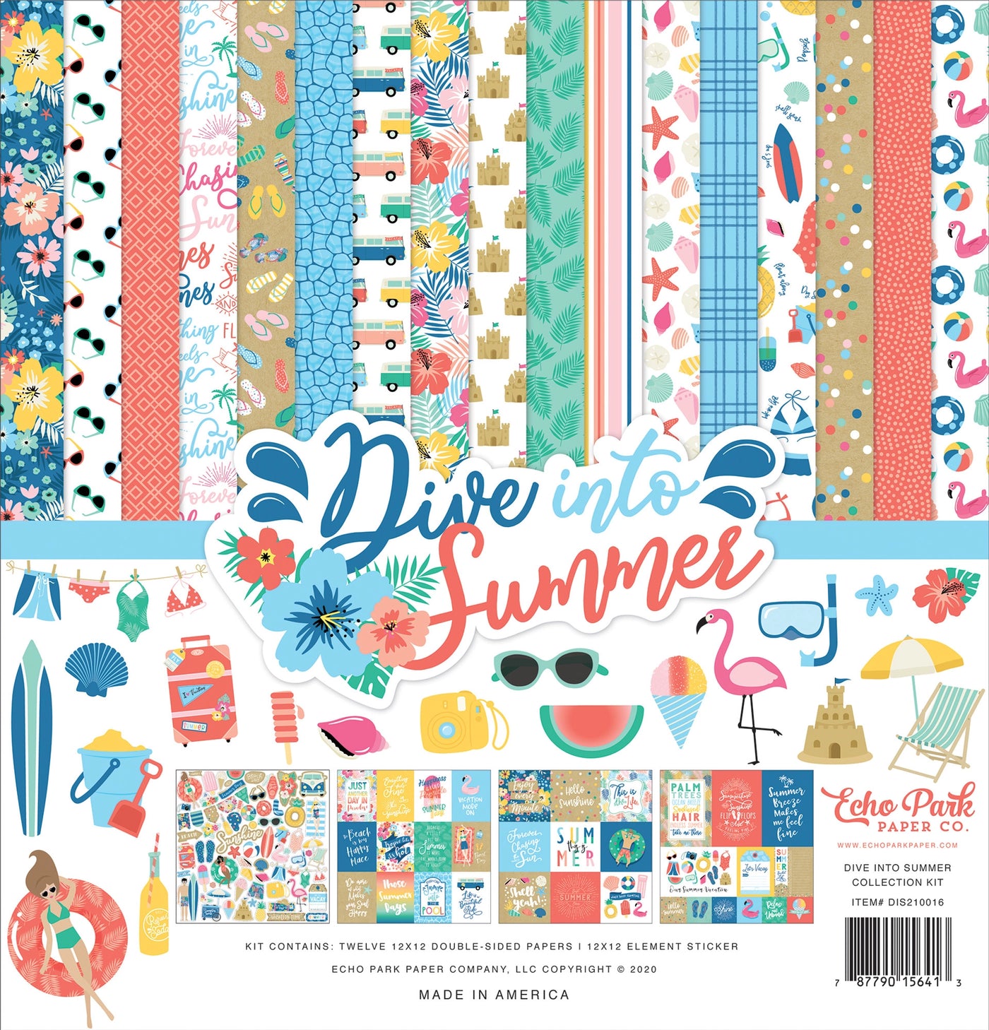 Kit contains twelve 12x12 double-sided papers plus a 12x12 element sticker: bright colors and a summer theme—archival quality and acid-free.