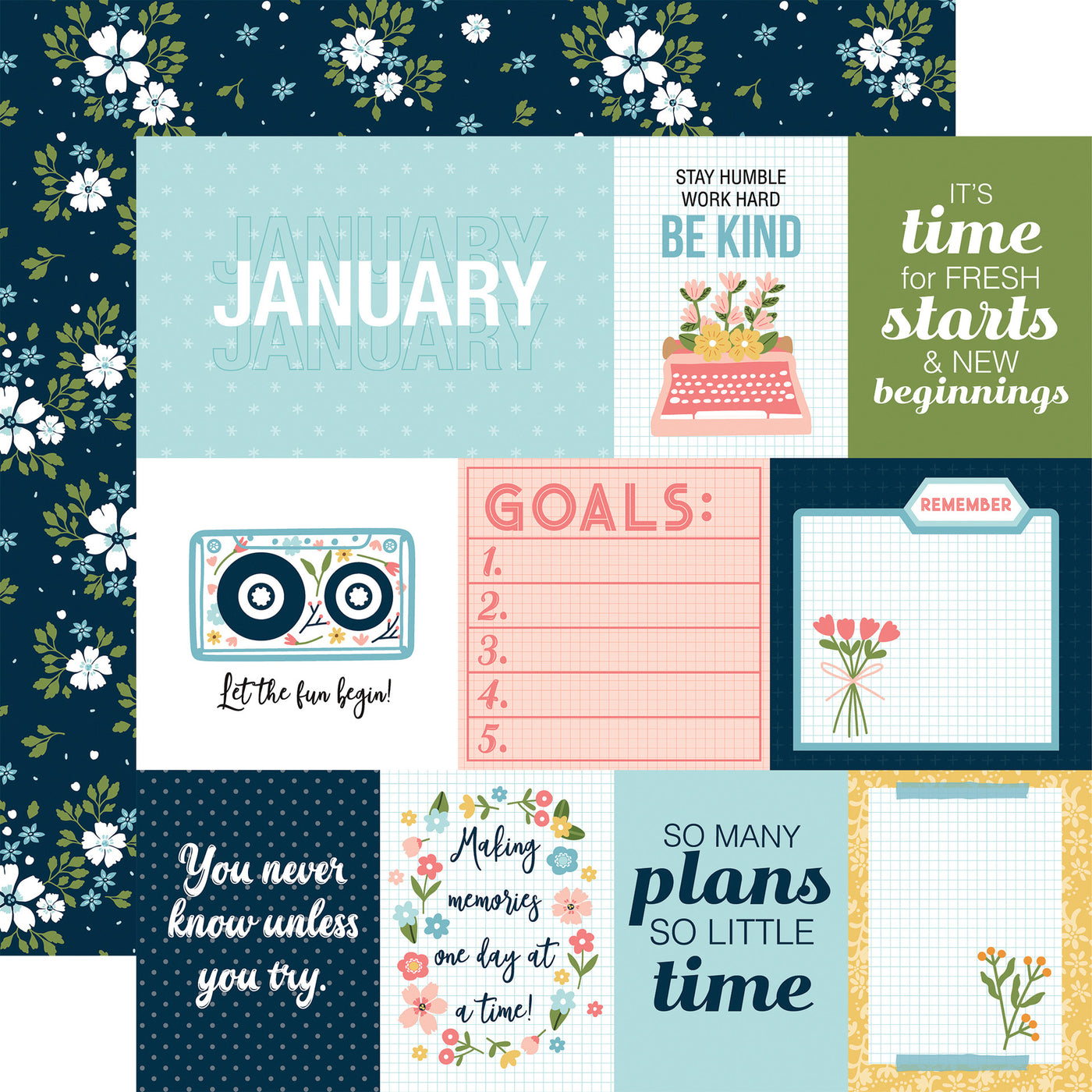 12x12 double-sided patterned paper. (Side A - A Day In The Life journaling cards; Side B - white and blue floral on a navy blue background)