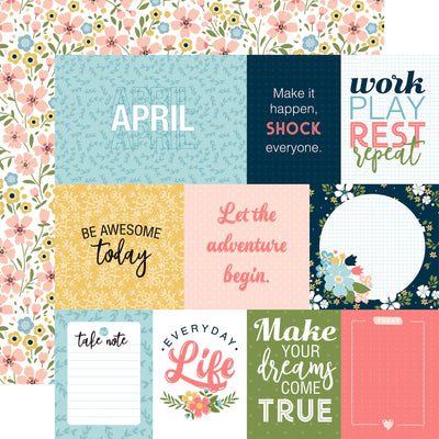 12x12 double-sided patterned paper. (Side A - A Day In The Life journaling cards; Side B - pink, blue, and yellow floral on a white background)