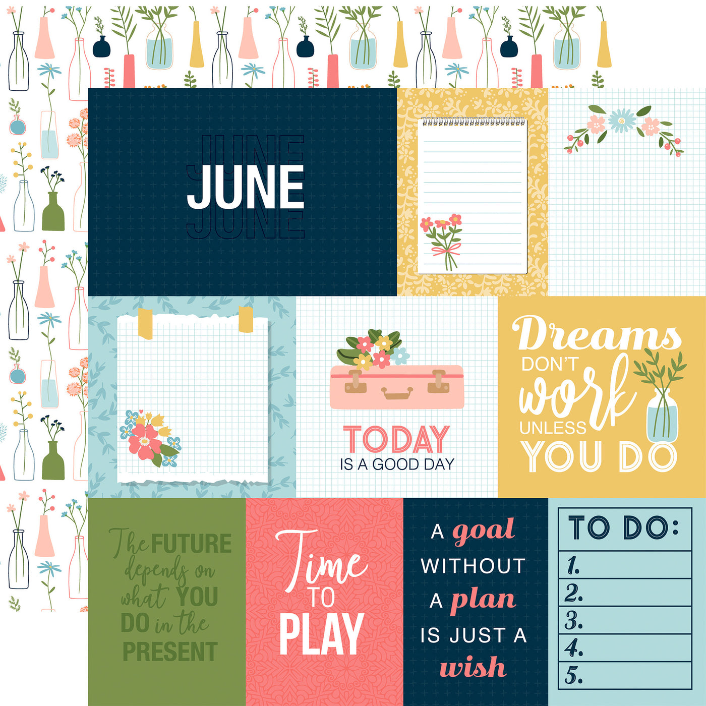 12x12 double-sided patterned paper. (Side A - A Day In The Life journaling cards; Side B - floral vases on a white background)
