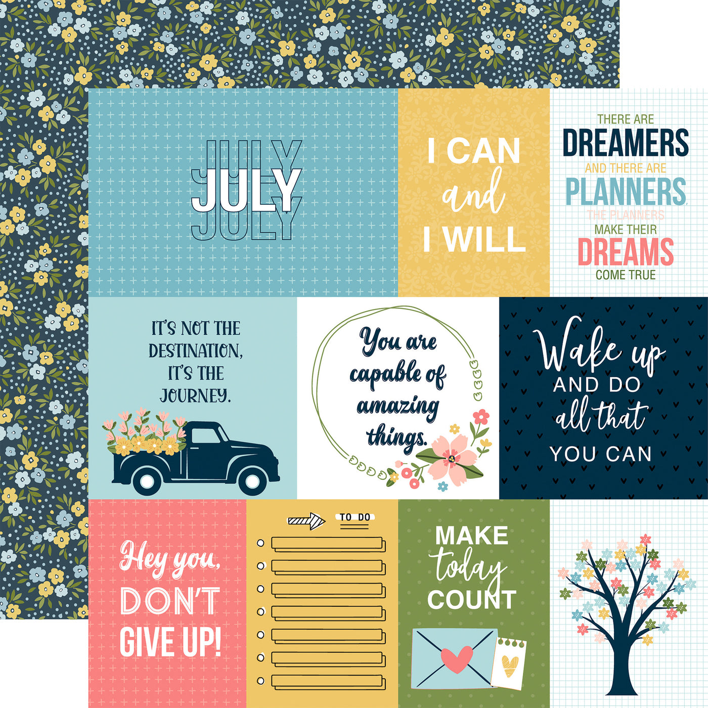 12x12 double-sided patterned paper. (Side A - A Day In The Life journaling cards; Side B - yellow, white, and blue flora0l with white polka dots on a navy blue background)