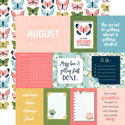12x12 double-sided patterned paper. (Side A - A Day In The Life journaling cards; Side B - pink, blue, and green butterflies on a white background)