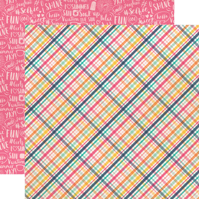12x12 double-sided sheet. (Side A - fun, colorful summer plaid. Side B - light pink summer phrases on a pink background) Archival quality, acid-free. 
