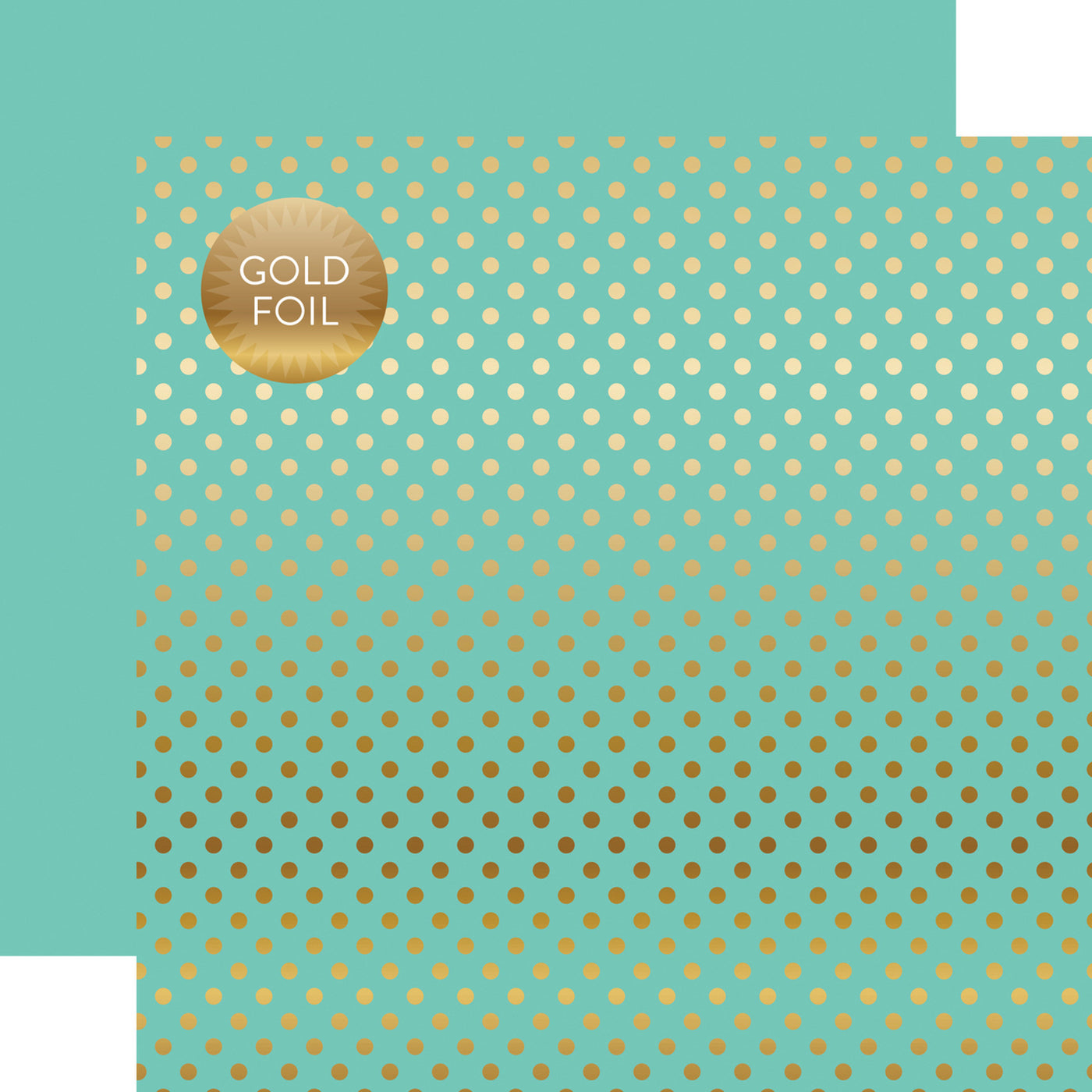 Gold foil dots on mint 12x12 cardstock, plain mint reverse, from Dots & Stripes Collection by Echo Park Paper.