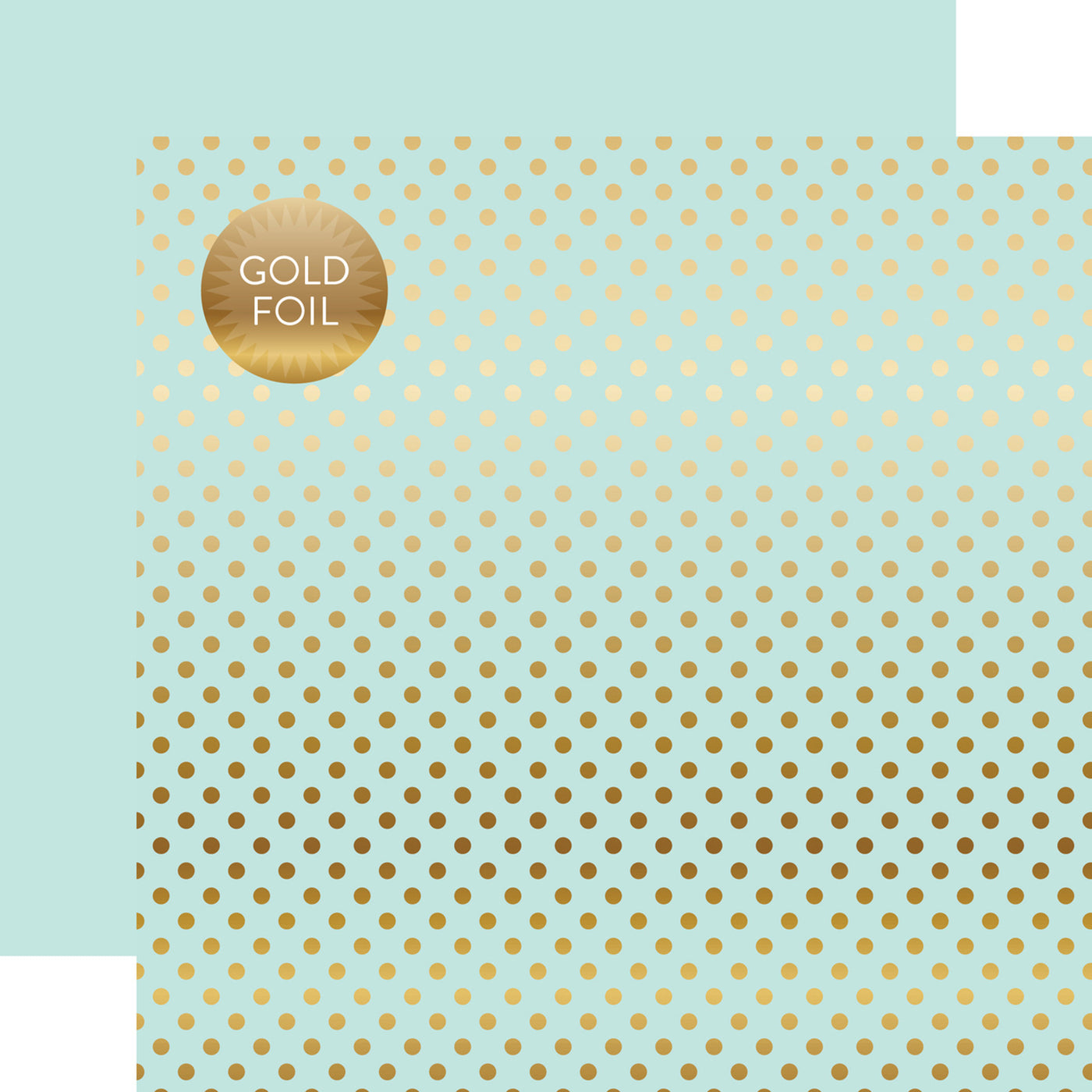 Gold foil dots on mint 12x12 cardstock, plain mint reverse, from Dots & Stripes Collection by Echo Park Paper.