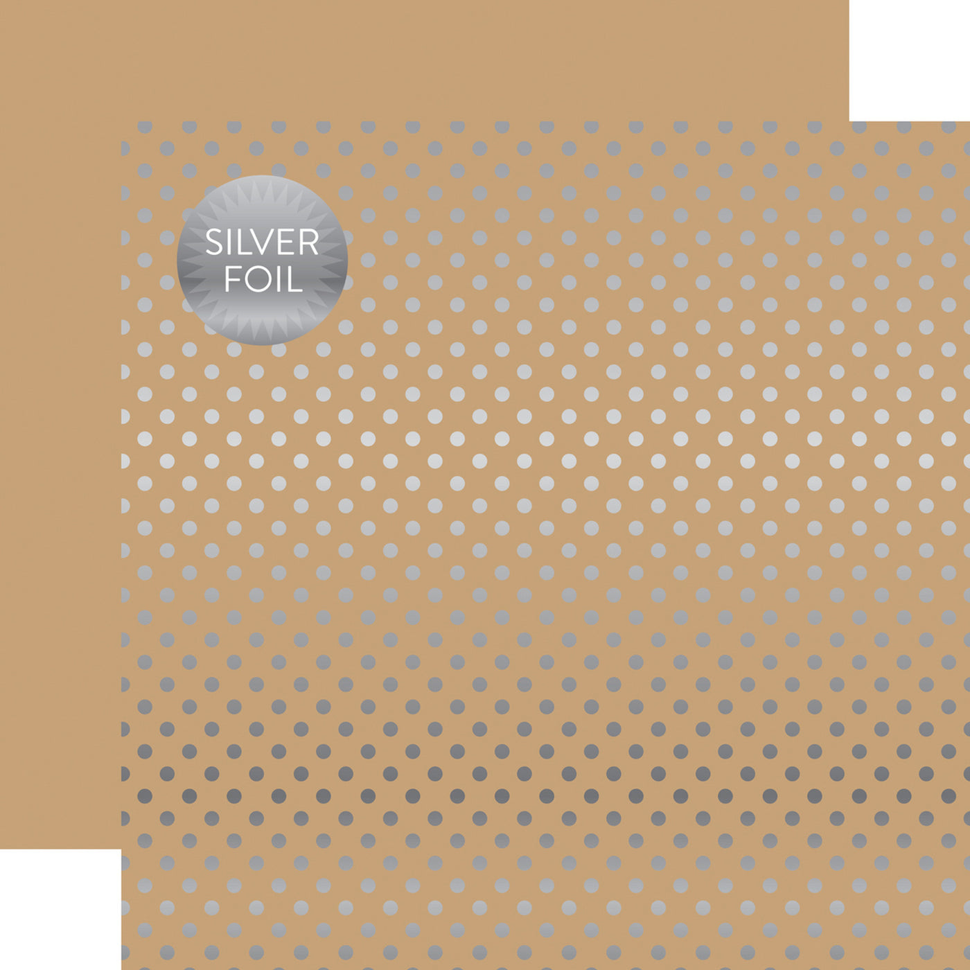 Silver foil dots on tan 12x12 cardstock, plain tan reverse, from Dots & Stripes Collection by Echo Park Paper.