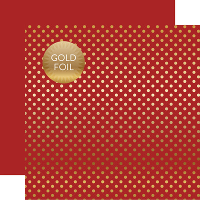 Gold foil dots on red 12x12 cardstock, plain red reverse, from Dots & Stripes Collection by Echo Park Paper.
