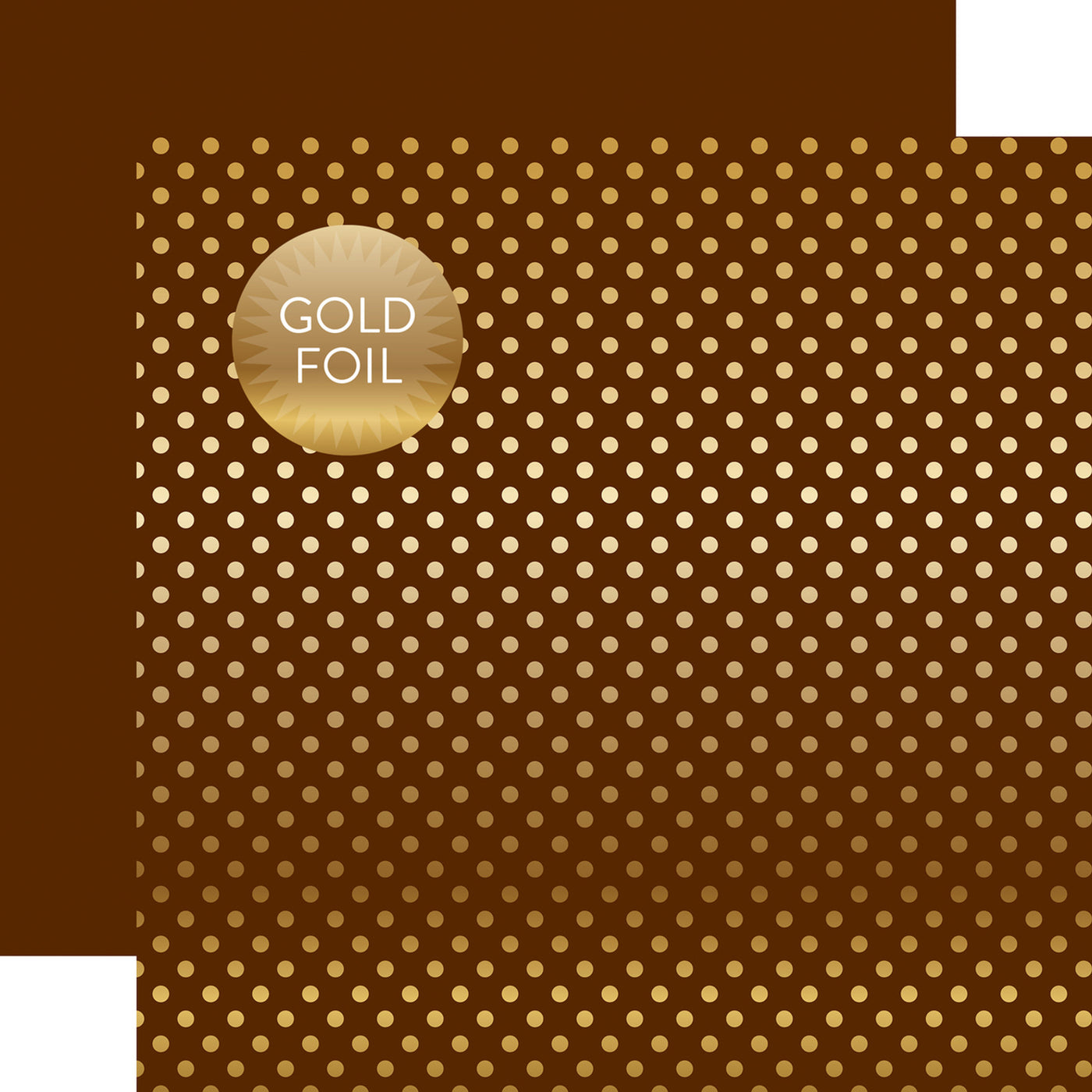 Gold foil dots on brown 12x12 cardstock, plain brown reverse, from Dots & Stripes Collection by Echo Park Paper.