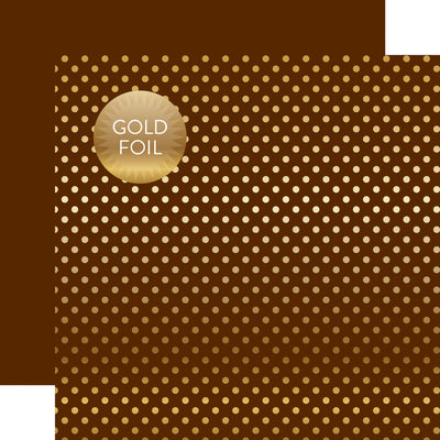 Gold foil dots on brown 12x12 cardstock, plain brown reverse, from Dots & Stripes Collection by Echo Park Paper.