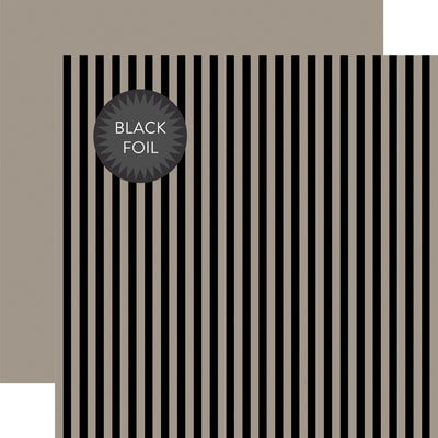 Black foil stripes on gray 12x12 cardstock, plain gray reverse. From Dots & Stripes Collection by Echo Park Paper.