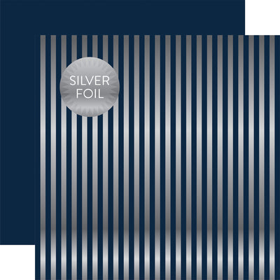 Silver foil stripes on Dark Blue 12x12 cardstock, with a plain dark blue reverse. From the Dots & Stripes Collection by Echo Park Paper.