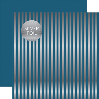 Silver foil stripes on Medium Blue 12x12 cardstock, plain Medium Blue reverse. From Dots & Stripes Collection by Echo Park Paper.