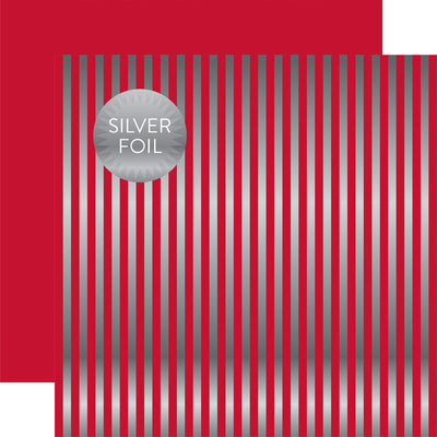 Silver foil stripes on Cranberry Red 12x12 cardstock, with a plain Red reverse. From the Dots & Stripes Collection by Echo Park Paper.