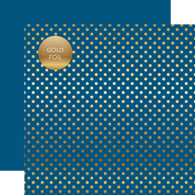 Gold foil dots on blue 12x12 cardstock, plain blue reverse, from Dots & Stripes Collection by Echo Park Paper.
